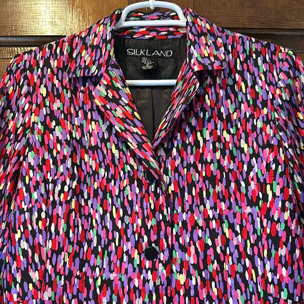 VTG Silkland 100% Silk Longline Jacket Coat Size 6 Colorful Confetti Print 90s - Picture 6 of 11
